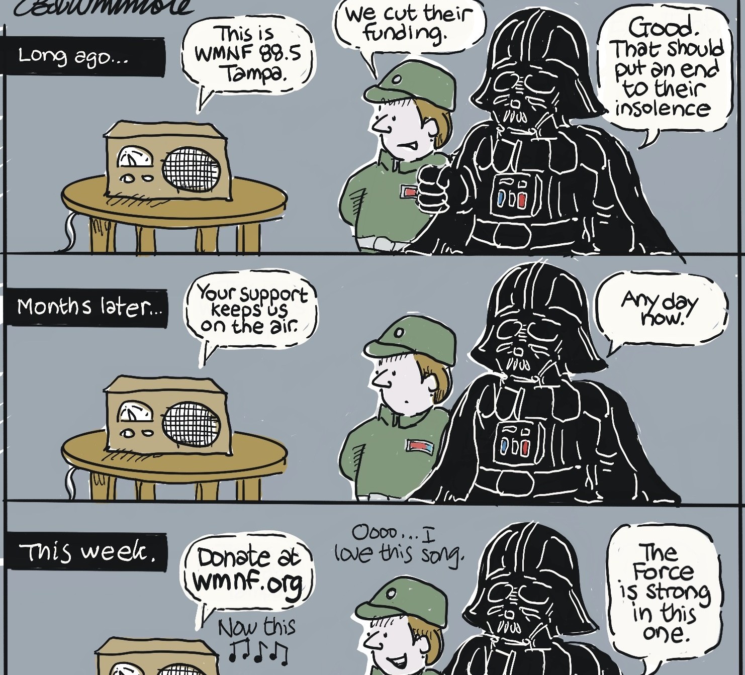 Darth disappointment political cartoon by bob whitmore wmnf star wars public radio fundraising cuts cr