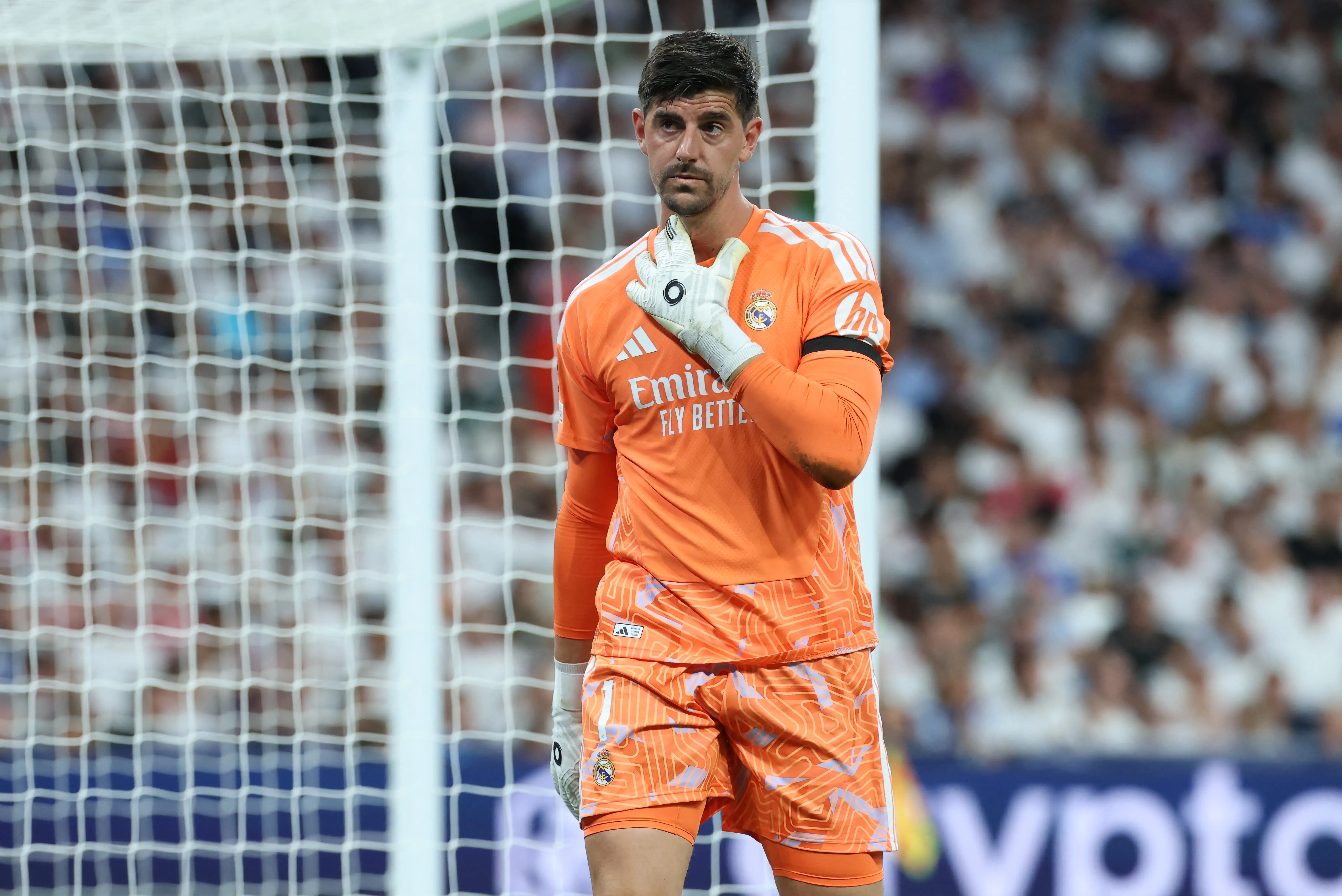 Fbl eur c1 real madrid inter milan real madrids belgian goalkeeper 01 thibaut courtois gestures recovery
